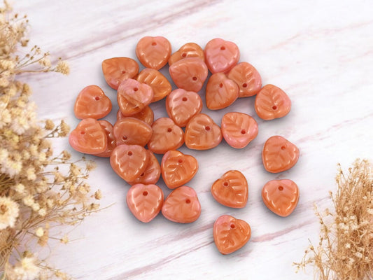 *50* 10mm Pink Coral Top Hole Heart Leaf Beads