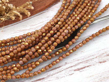 *50* 4mm Opaque Rose Gold Topaz Luster Fire Polished Round Beads