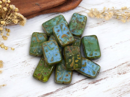 *8* 19x12mm Blended Blue Green Picasso Engraved Rectangle Beads
