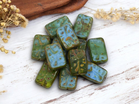 *8* 19x12mm Blended Blue Green Picasso Engraved Rectangle Beads