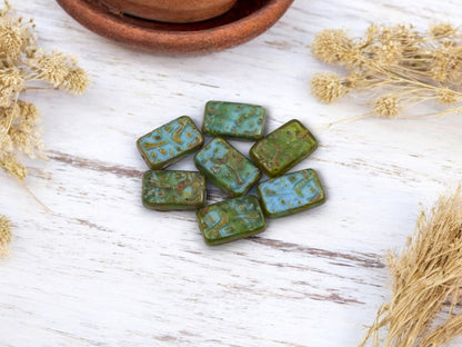 *8* 19x12mm Blended Blue Green Picasso Engraved Rectangle Beads