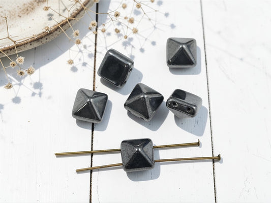 *6* 12mm Metallic Hematite 2 Hole Pyramid Stud Beads