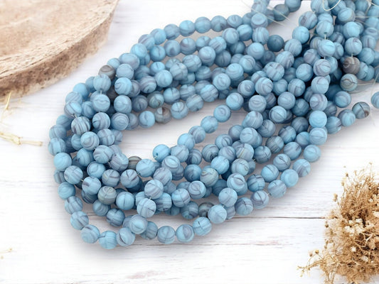 *50* 6mm Matte Blue Swirl Round Druk Beads