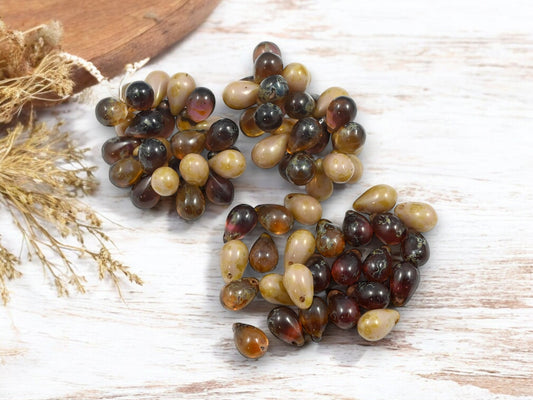 *25* 6x9mm Mixed Brown Picasso Top Drilled Teardrop Beads