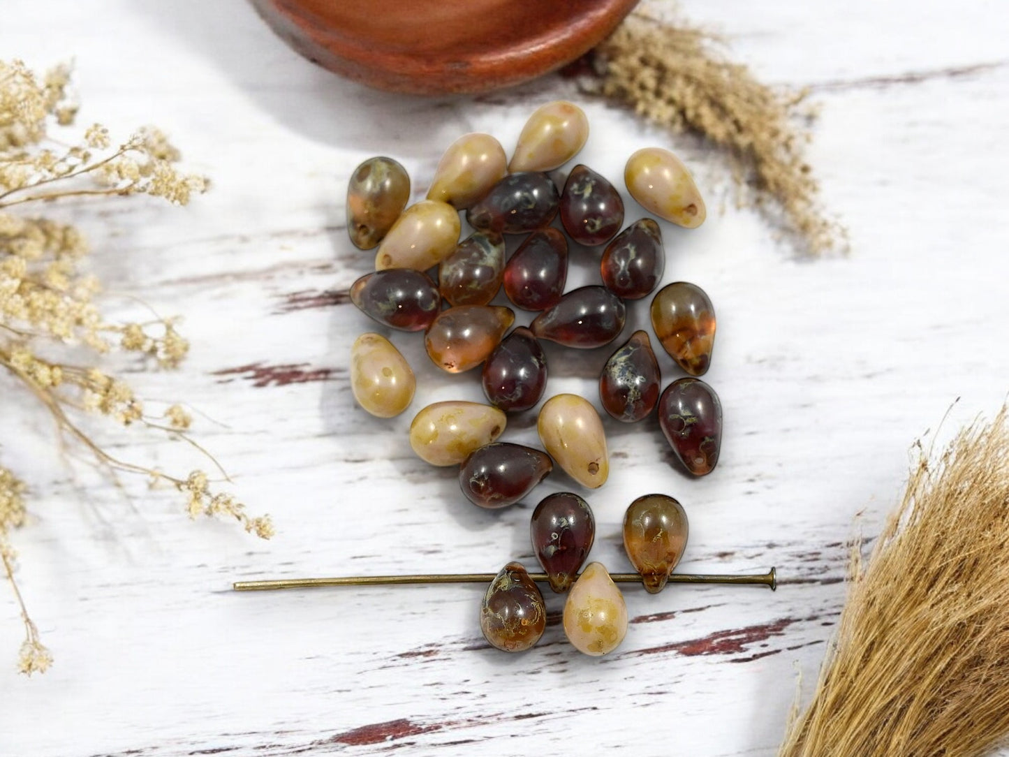*25* 6x9mm Mixed Brown Picasso Top Drilled Teardrop Beads