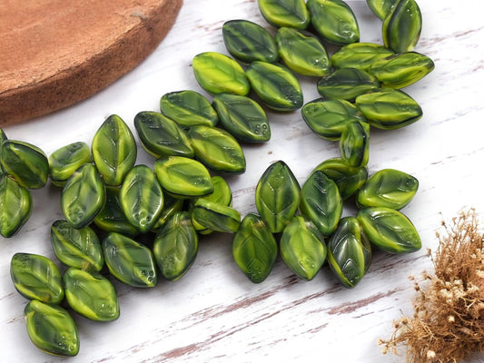*25* 12x7mm Green Givre Top Drilled Leaf Beads