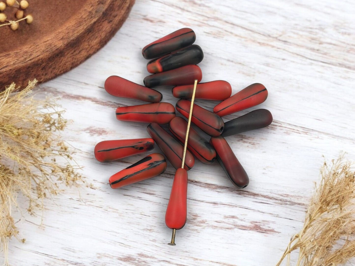*25* 18x7mm Matte Red + Black Twisted Tube Beads