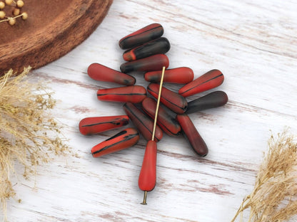 *25* 18x7mm Matte Red + Black Twisted Tube Beads