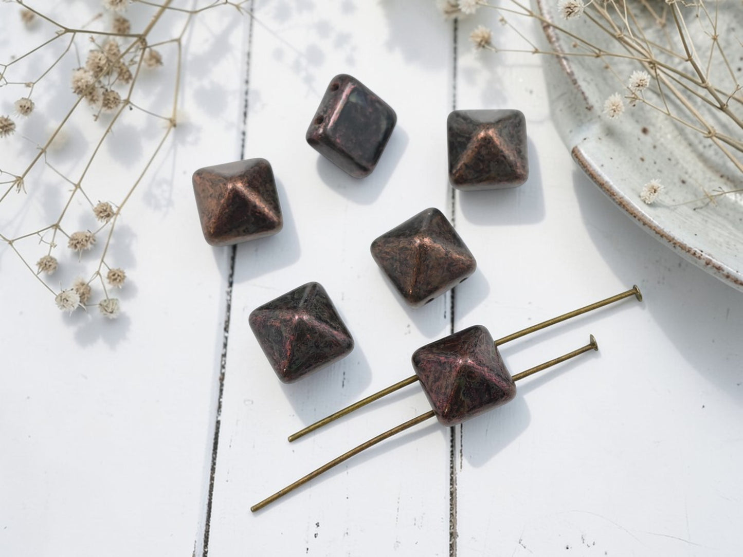 *6* 12mm Chocolate Bronze 2 Hole Pyramid Stud Beads