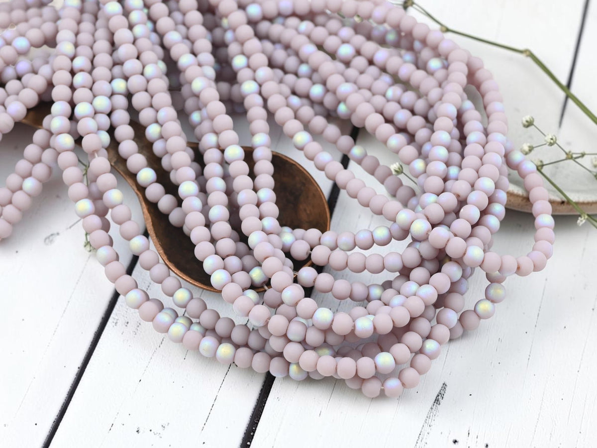 4mm Frosted Lavender AB Electroplated Round Glass Beads (15" Strand)