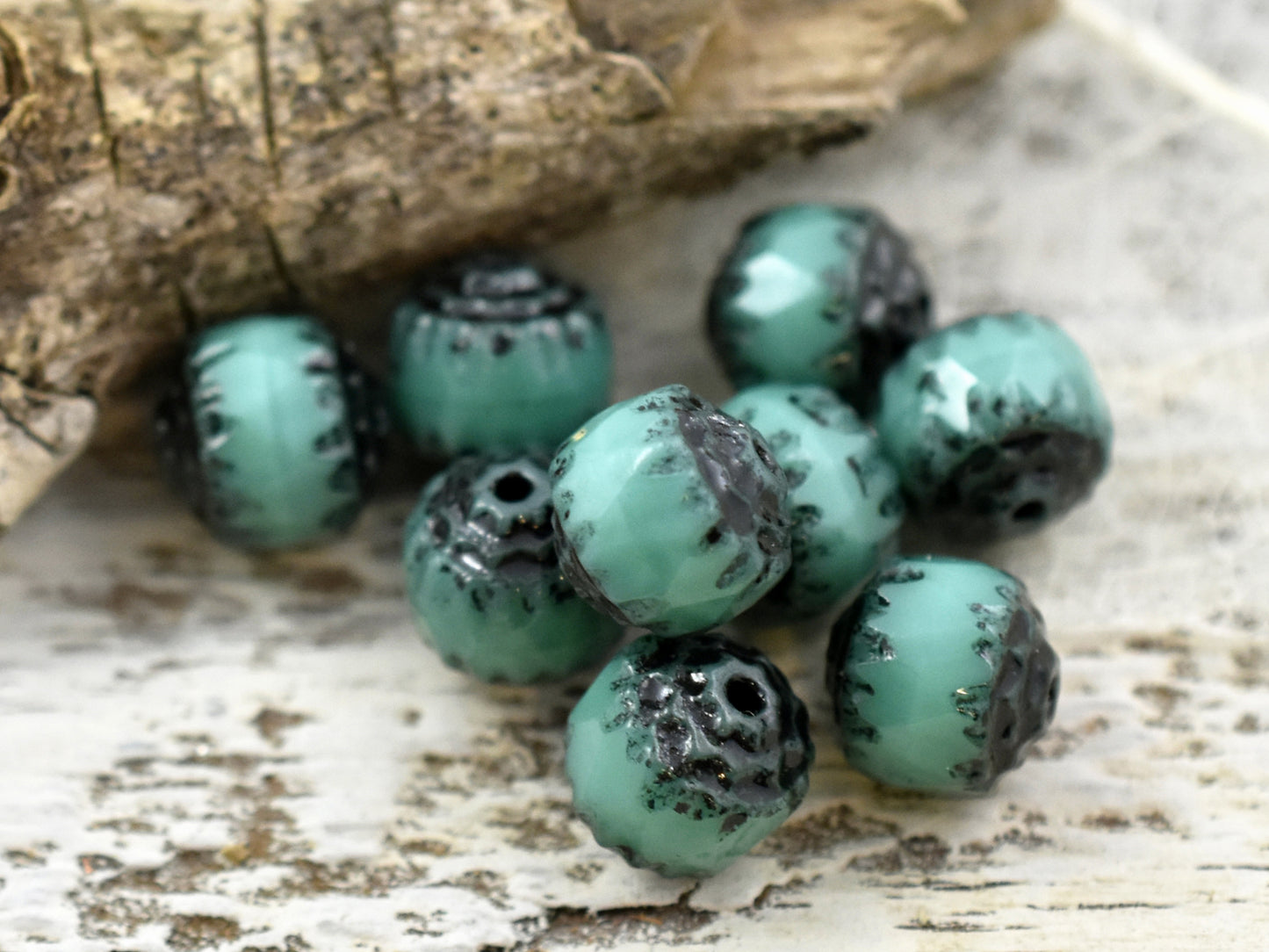 *9* 10mm Black Washed Opaque Turquoise Fire Polished Cathedral Beads (LAST Pack)