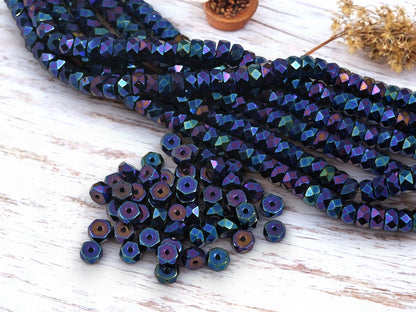 *50* 6x3mm Metallic Blue Iris Fire Polished Heishi Rondelle Beads