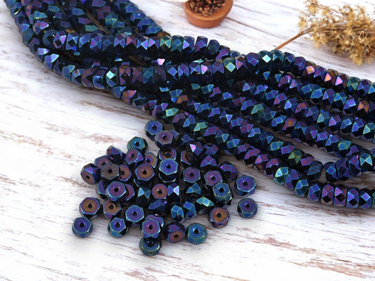 *50* 6x3mm Metallic Blue Iris Fire Polished Heishi Rondelle Beads