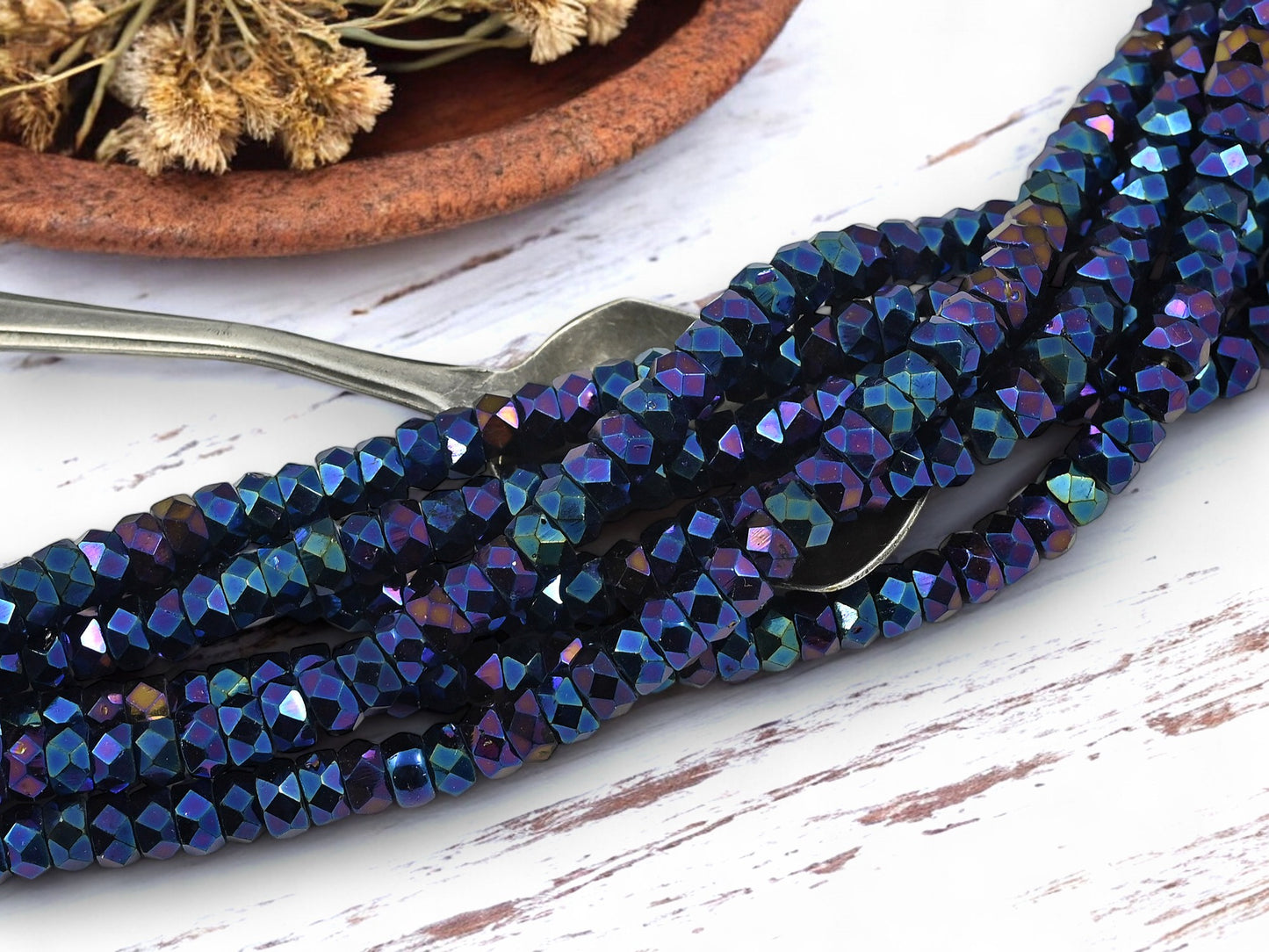 *50* 6x3mm Metallic Blue Iris Fire Polished Heishi Rondelle Beads