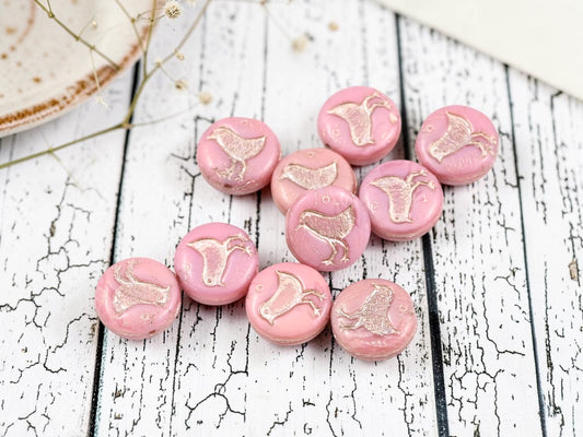 *10* 12mm Platinum Washed Opaque Pink Silk Bird Coin Beads