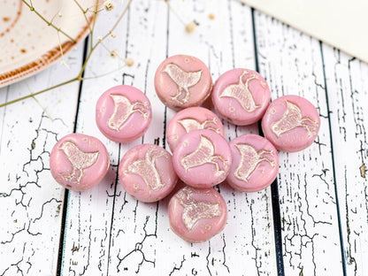 *10* 12mm Platinum Washed Opaque Pink Silk Bird Coin Beads