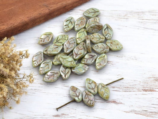 *25* 12x8mm Green Luster Picasso Top Drilled Leaf Beads