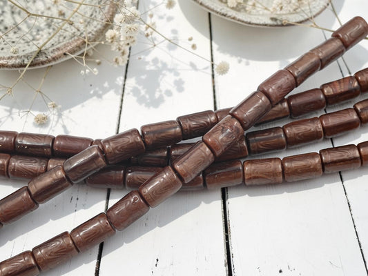 15x10mm Chocolate Silk Embossed Barrel Tube Beads - 8" Strand
