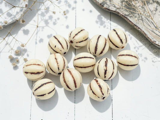 *12* 12mm Brown Washed Opaque Ivory Round Melon Beads