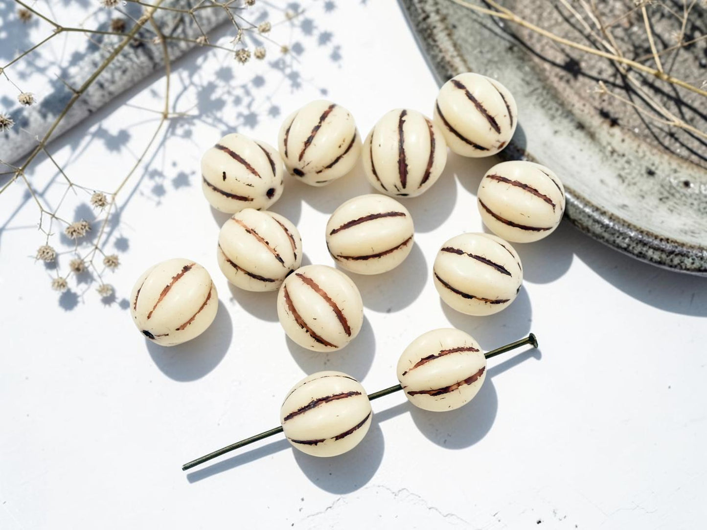 *12* 12mm Brown Washed Opaque Ivory Round Melon Beads