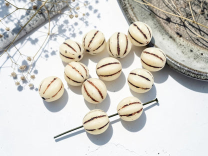 *12* 12mm Brown Washed Opaque Ivory Round Melon Beads