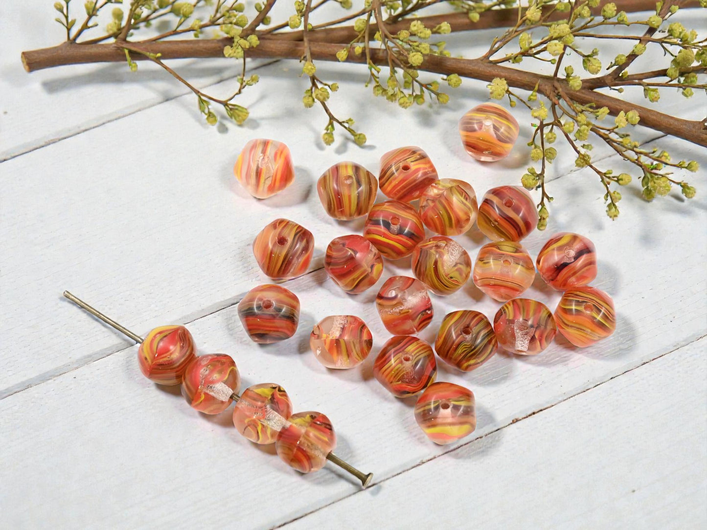 *25* 8x7mm Blended Cane Glass Style Dented Round Beads