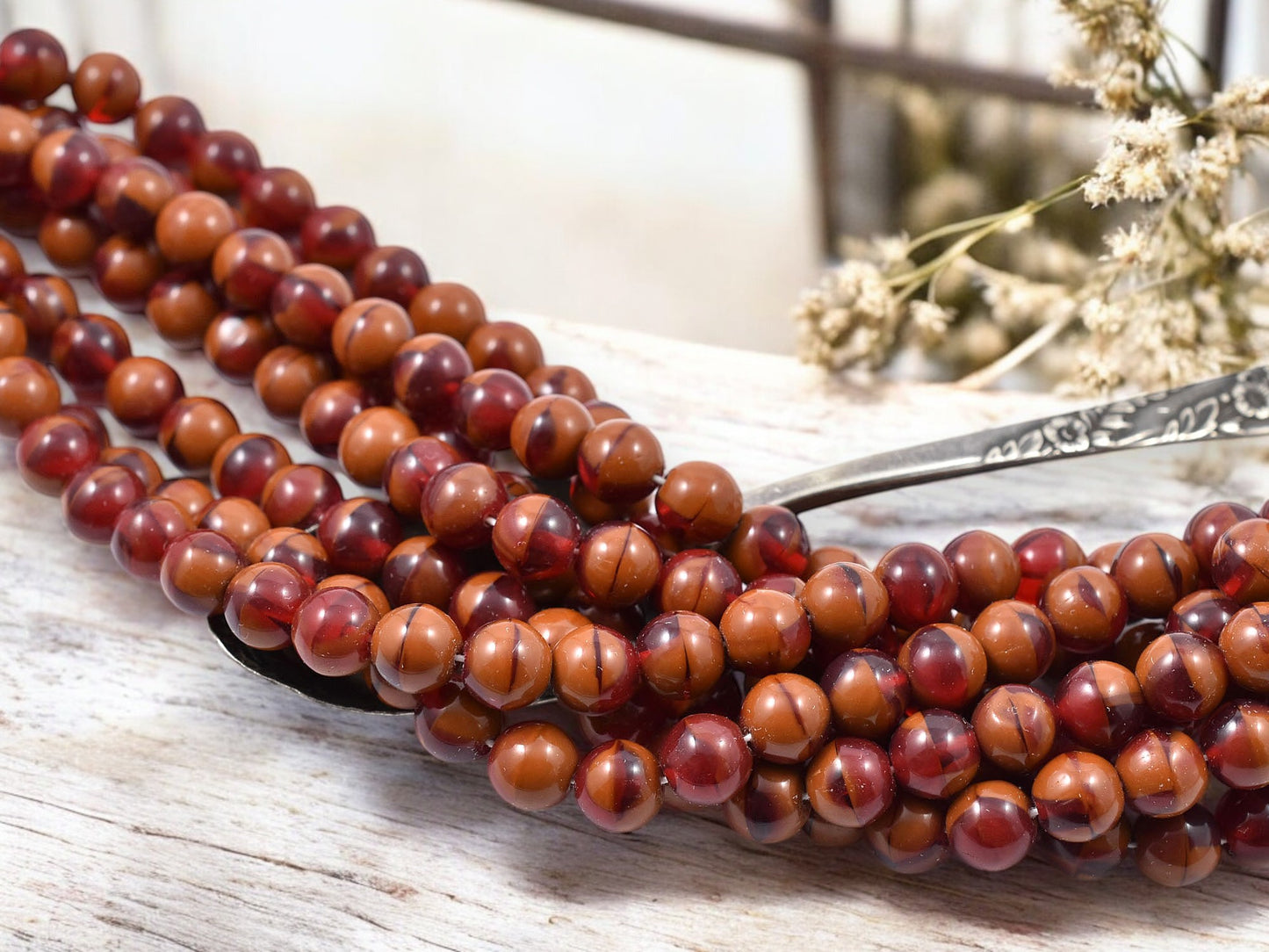 *25* 8mm Blended Ruby Red & Umber Round Druk Beads