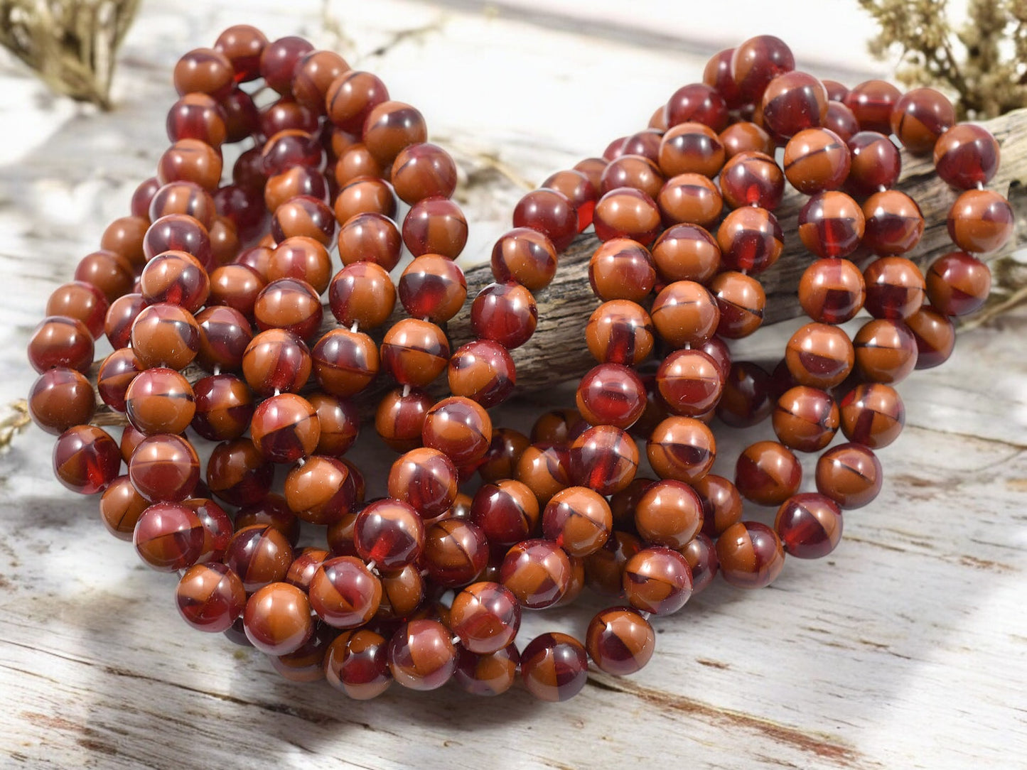 *25* 8mm Blended Ruby Red & Umber Round Druk Beads