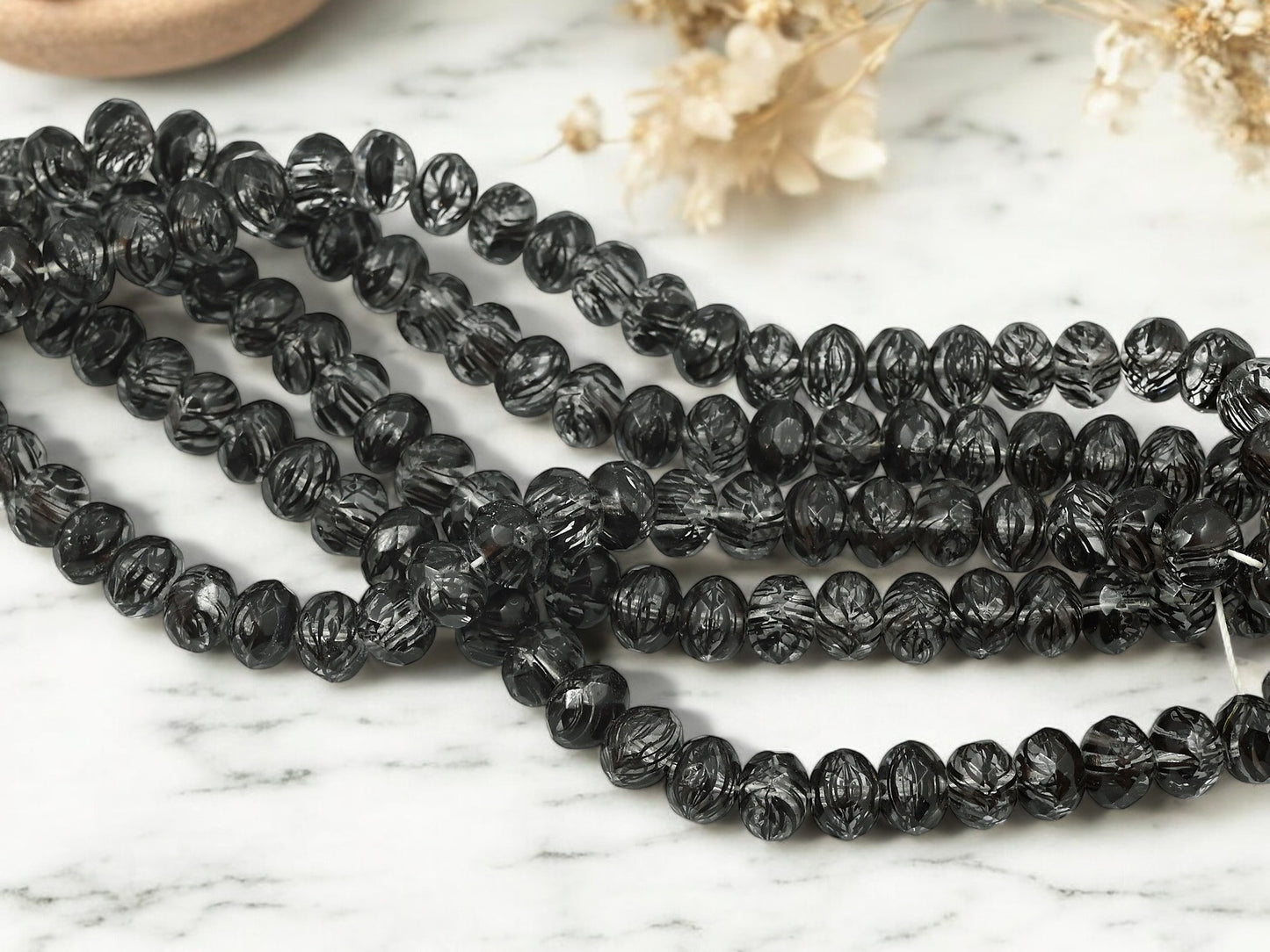 *25* 6x8mm Striped Black Crystal Fire Polished Rondelle Beads