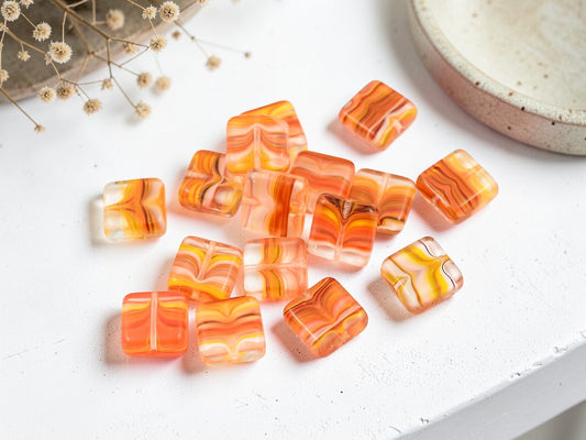 *15* 11mm Crystal Orange Striped Vintage German Glass Flat Square Beads