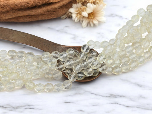 *25* 8mm Transparent Antique Linen Fire Polished Round Beads
