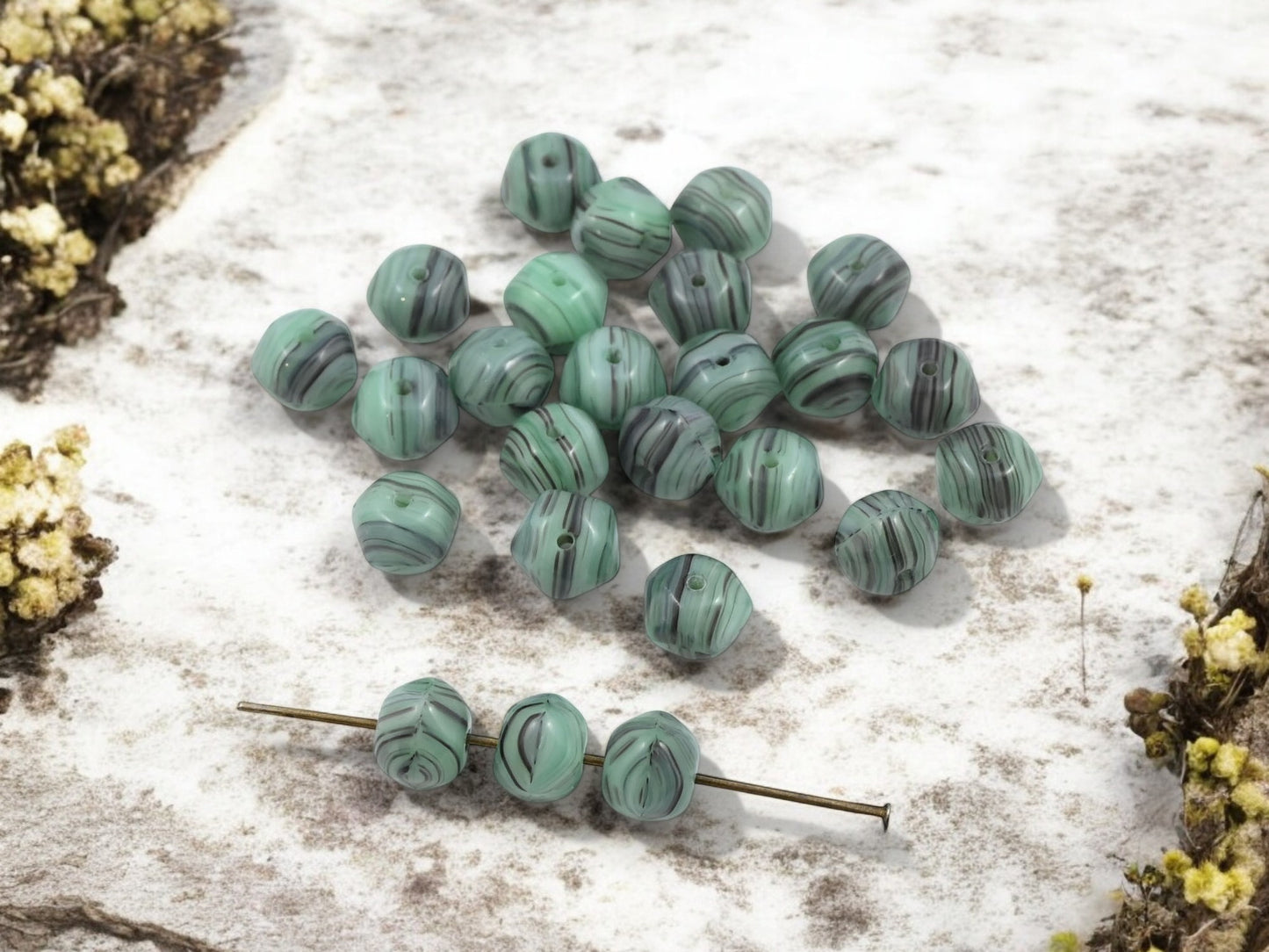 *50* 7x8mm Striped Seafoam Nugget Round Beads