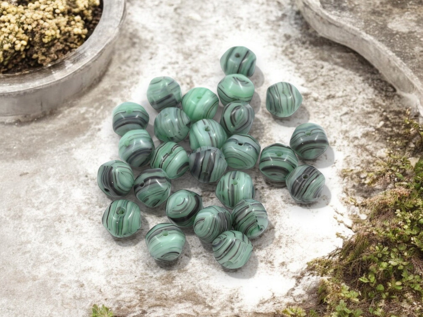 *50* 7x8mm Striped Seafoam Nugget Round Beads