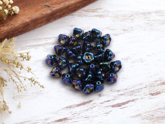 *50* 6x8mm Metallic Blue Iris Bell Flower Beads