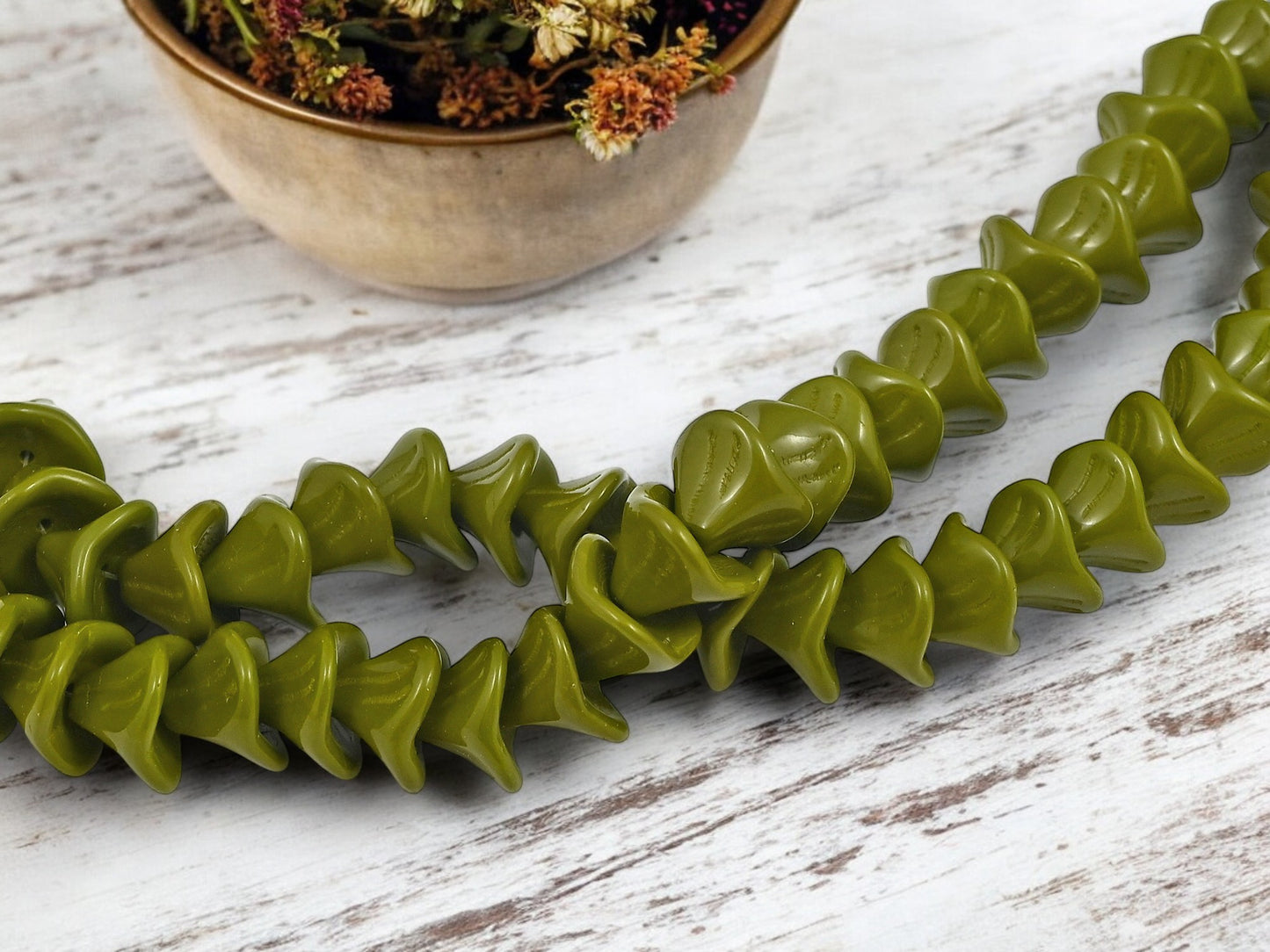 *25* 10x12mm Opaque Olive 3 Petal Bell Flower Beads