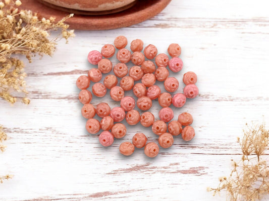 *50* 6mm Pink Coral Fire Polished Round Rosebud Beads
