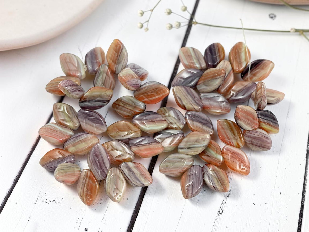 *25* 12x8mm Blended Purple Orange + Beige Top Drilled Leaf Beads