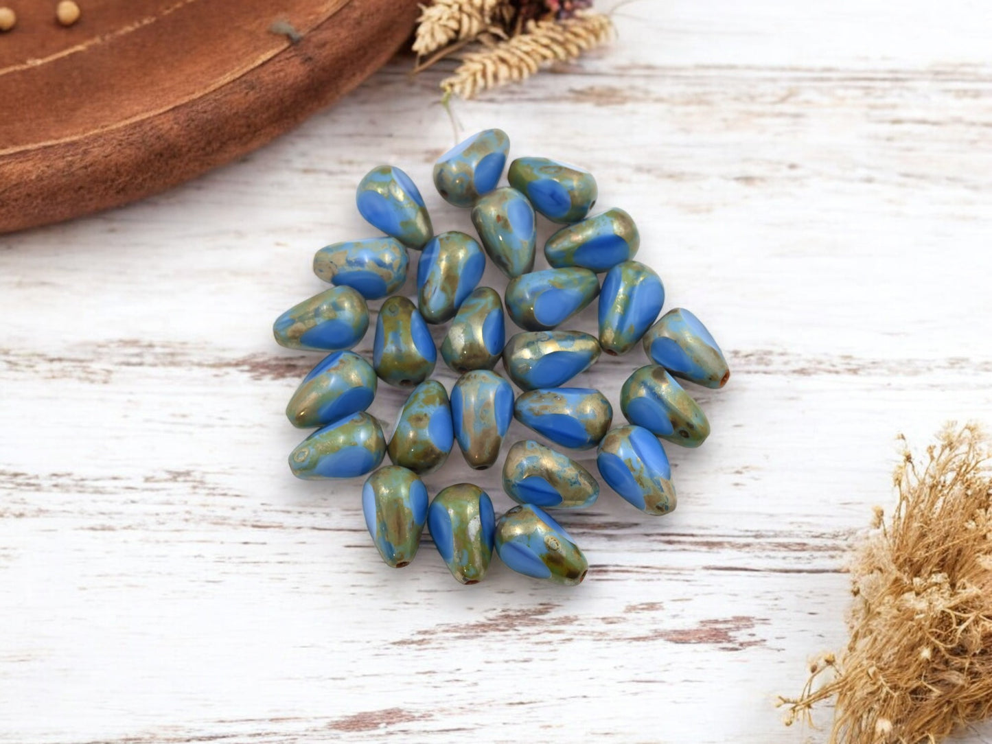*25* 12x7mm Blue Silk Picasso Table Cut Teardrop Beads