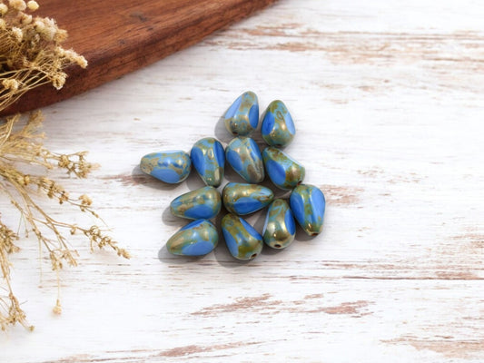 *25* 12x7mm Blue Silk Picasso Table Cut Teardrop Beads