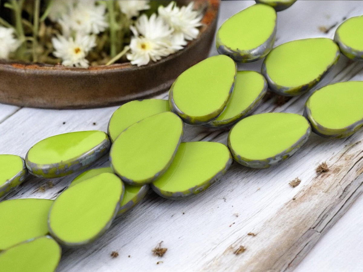*8* 12x18mm Opaque Avacado Green Picasso Table Cut Flat Teardrop Beads